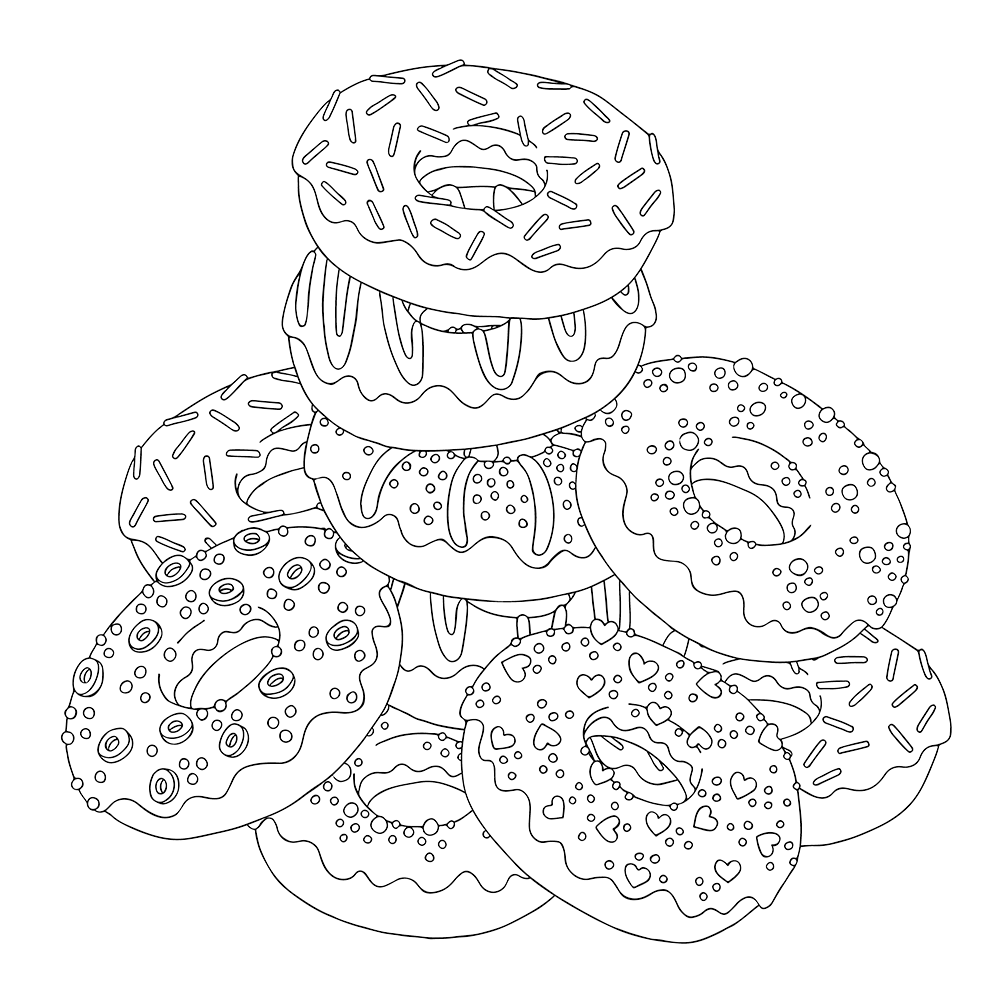 1000x1000 Pile Of Donuts Free Coloring Page Adults, Food, General Coloring