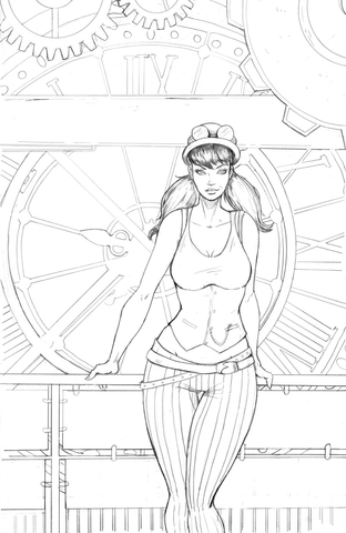312x480 Steampunk Pin Up Girl Behind A Giant Clock Coloring Page