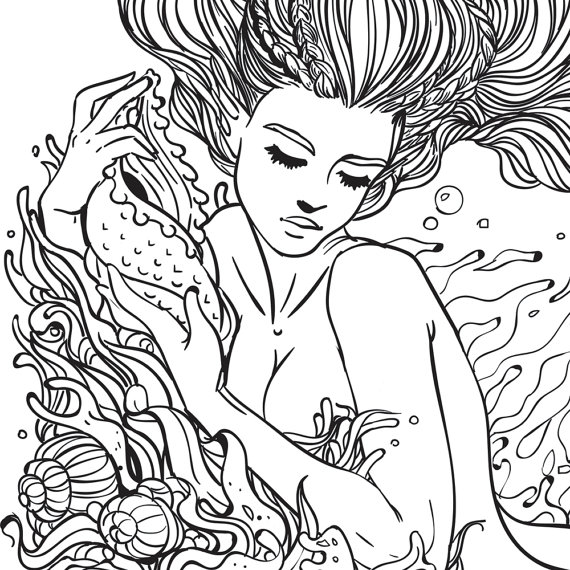 570x570 Adult Coloring Page Fantasy Mermaid Line Art