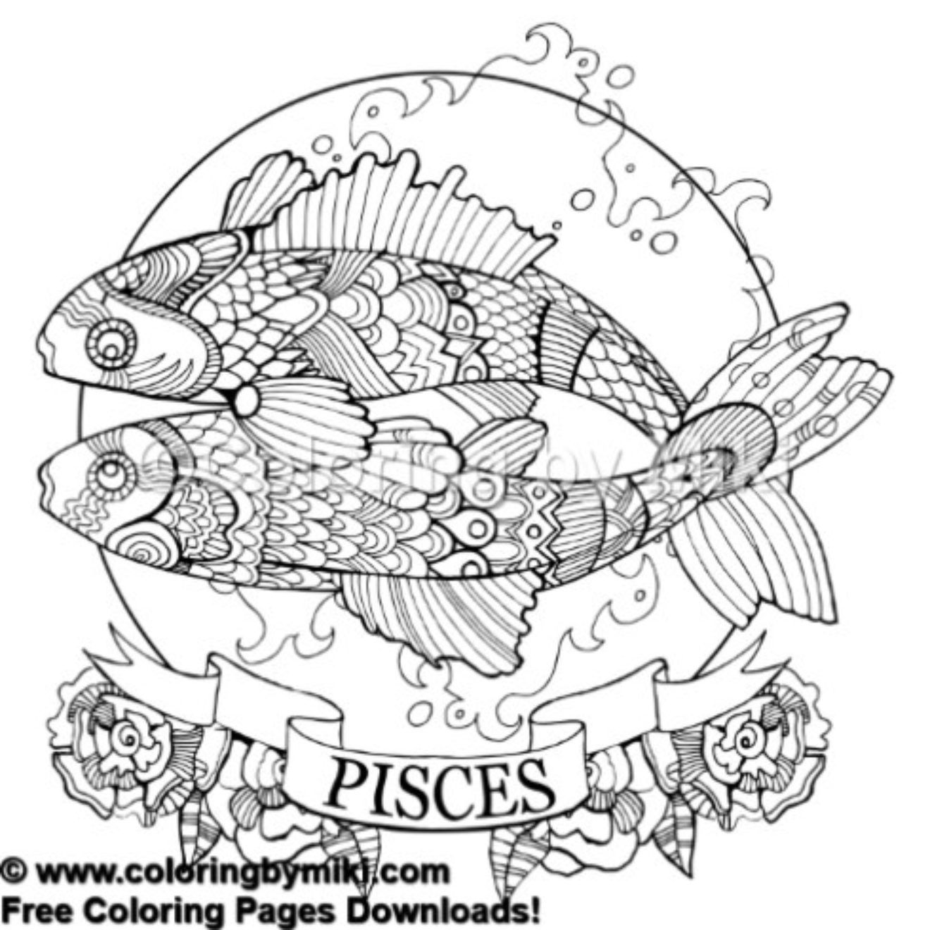 1320x1320 Zentangle Style Zodiac Pisces Coloring Page 514