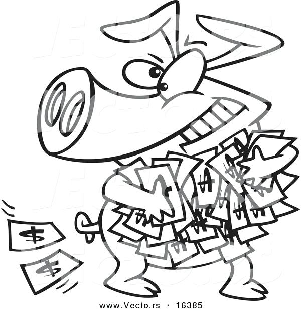 600x620 Vector Of A Cartoon Greedy Pig With Money Outlined Coloring Page