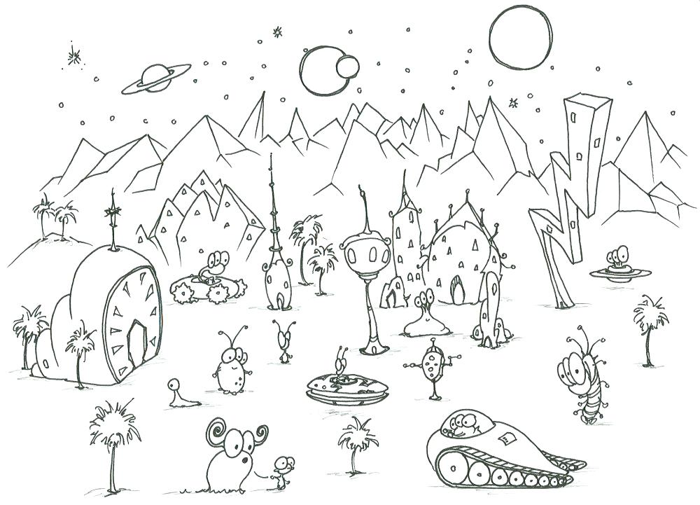 1000x721 Planet Coloring Sheet Coloring Pages Some Aliens On An Alien