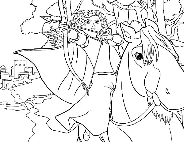 600x464 Princess Merida Aiming Target While Riding Horse Coloring Pages