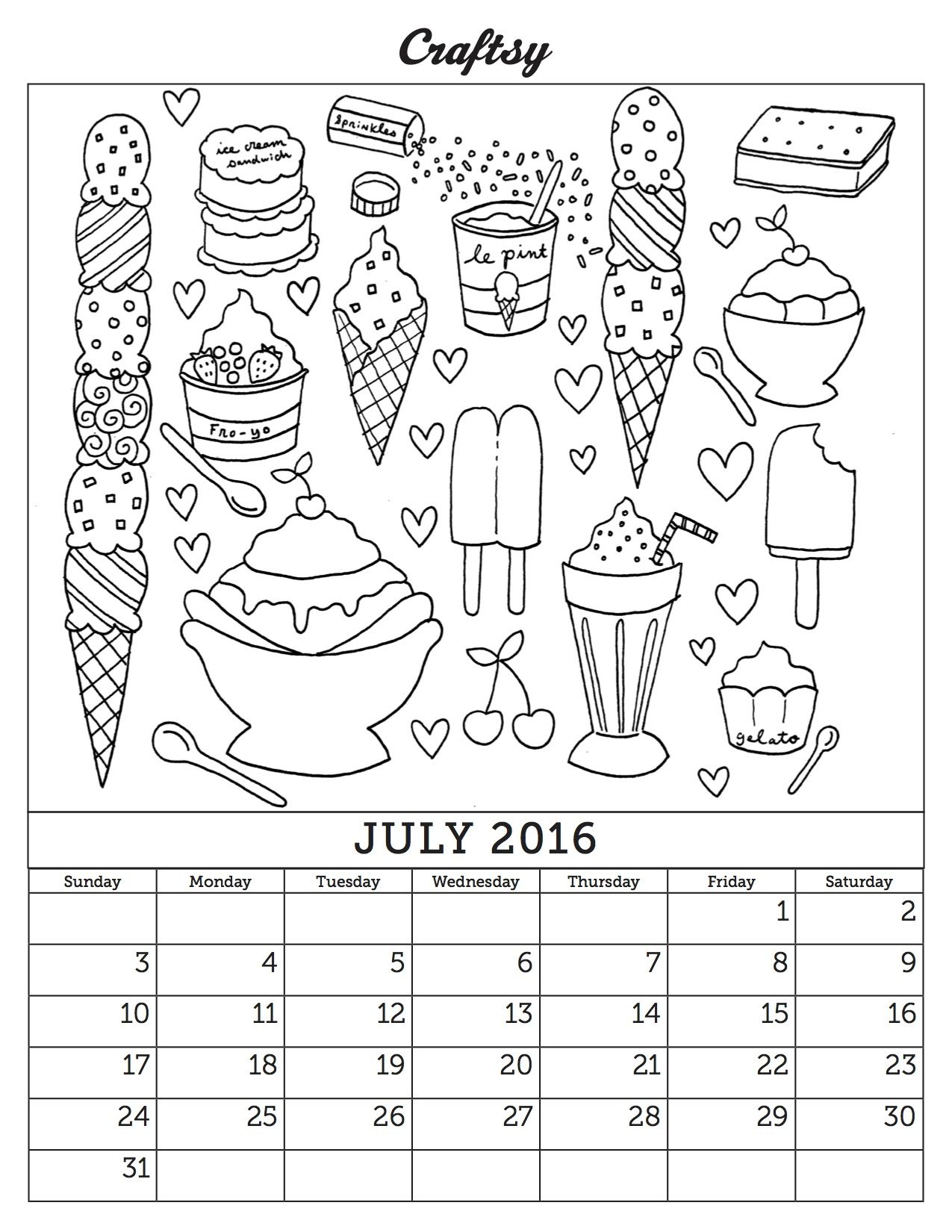 1275x1650 Juillet 2016 Coloriage Calendrier Page De Craftsy
