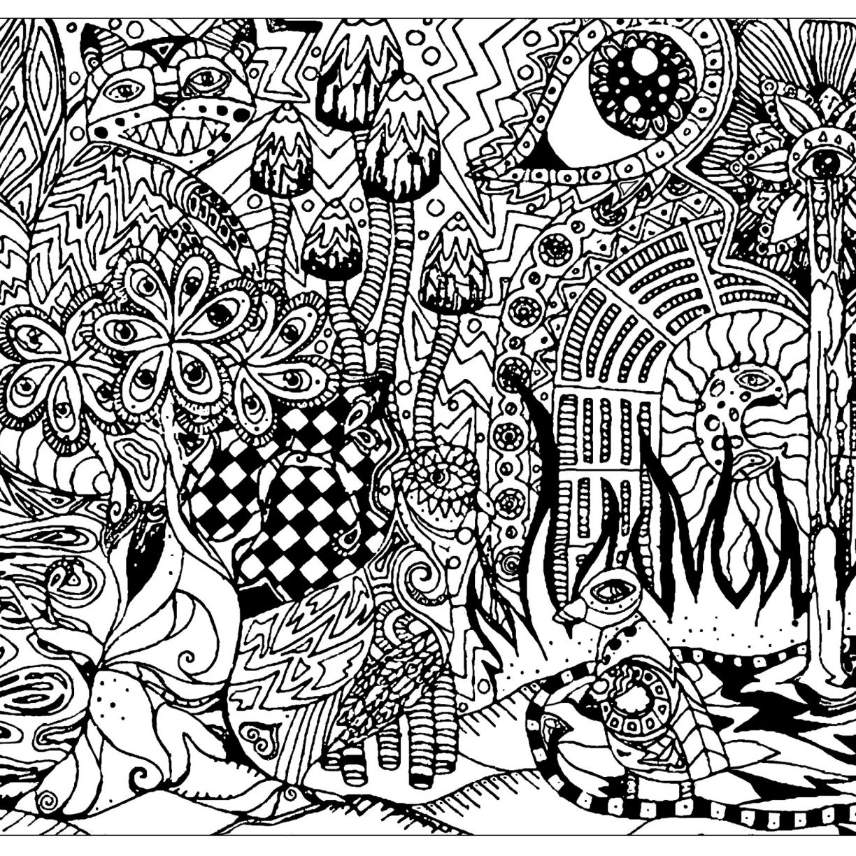 1224x1224 Psychedelic Patterns Hidden Cat Coloring Pages Artistic Printable