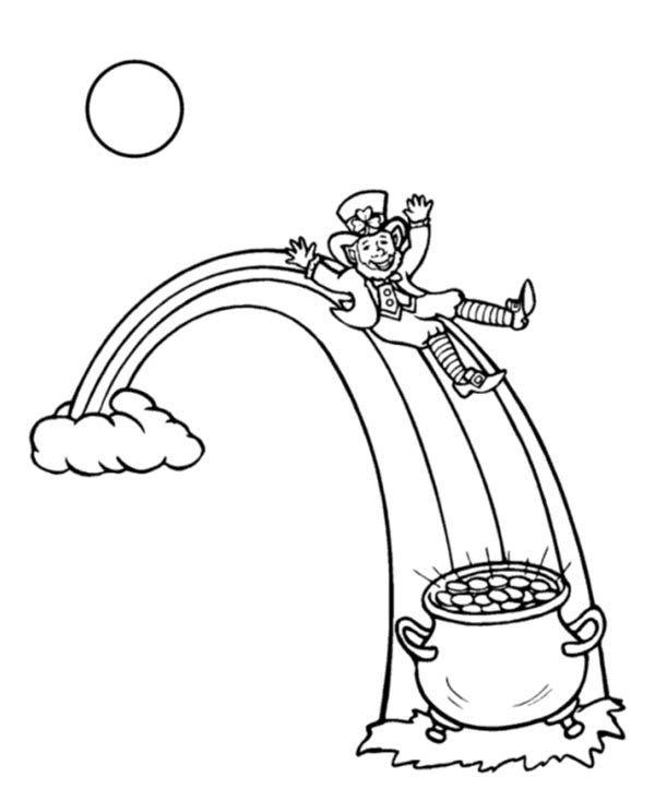 600x734 A Leprechaun And His Gold Pot In The Rainbow Coloring Page