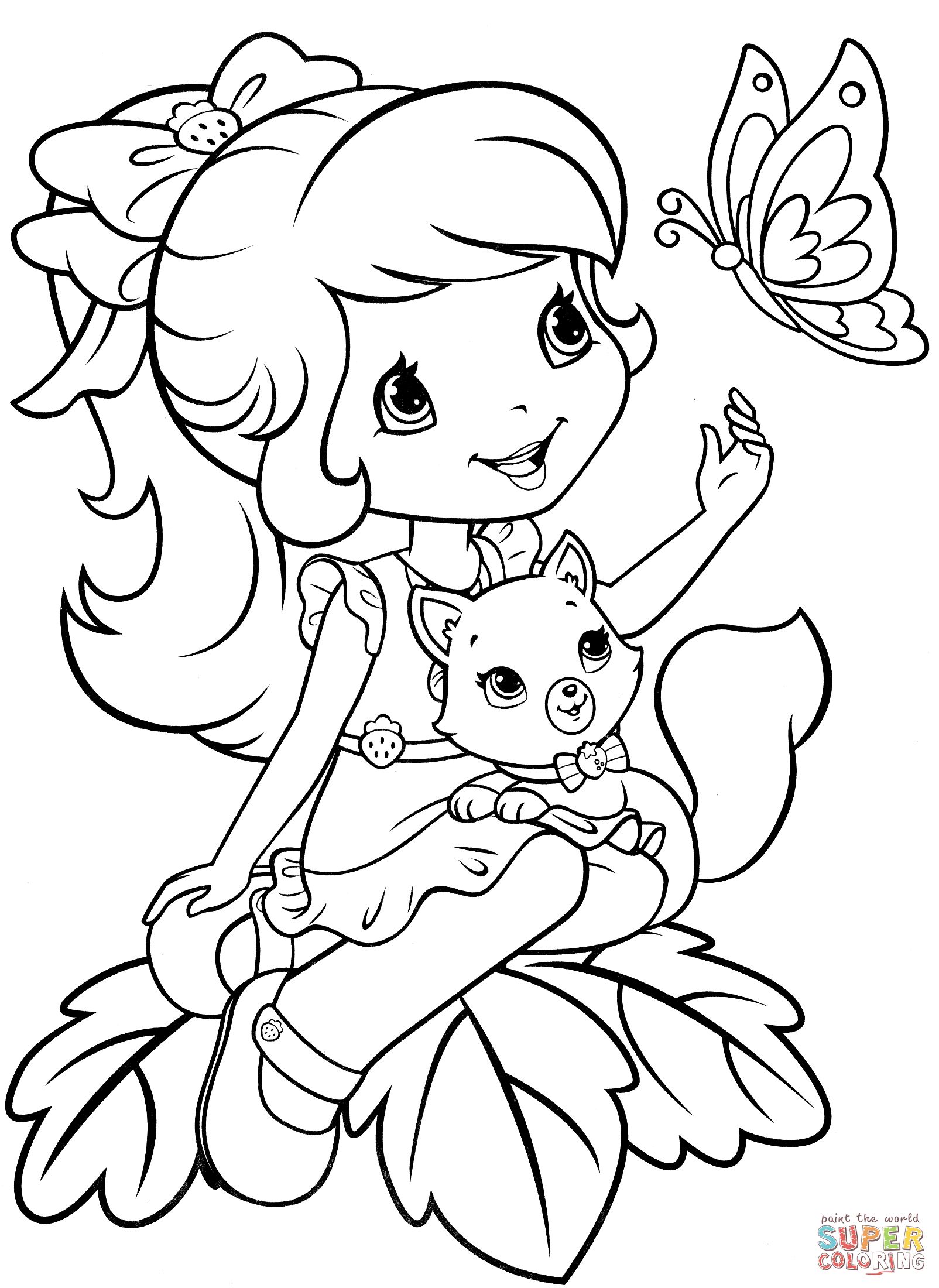 1604x2200 Strawberry Shortcake With Custard And Butterfly Coloring Page