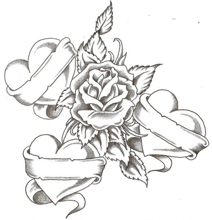 727x755 Realistic Sketch Of Rose And Hearts Printable Coloring Page
