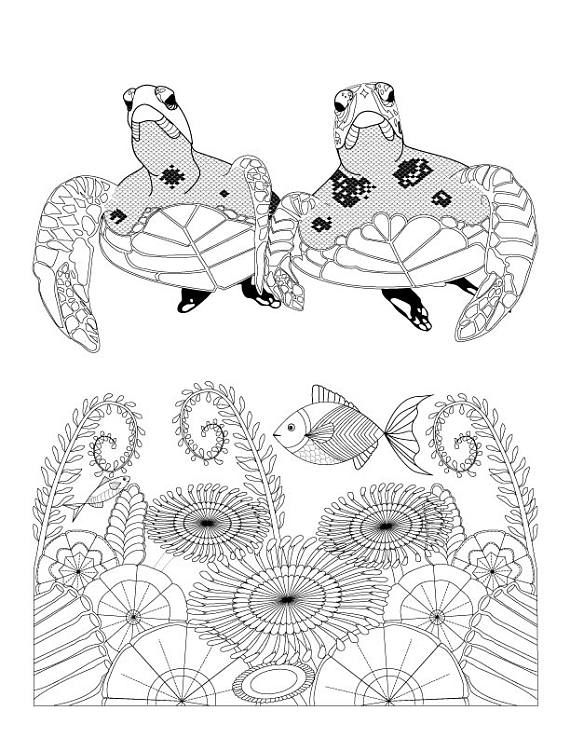 570x738 Sea Turtles And Ocean Flowers Coloring Page For Adults, Digital