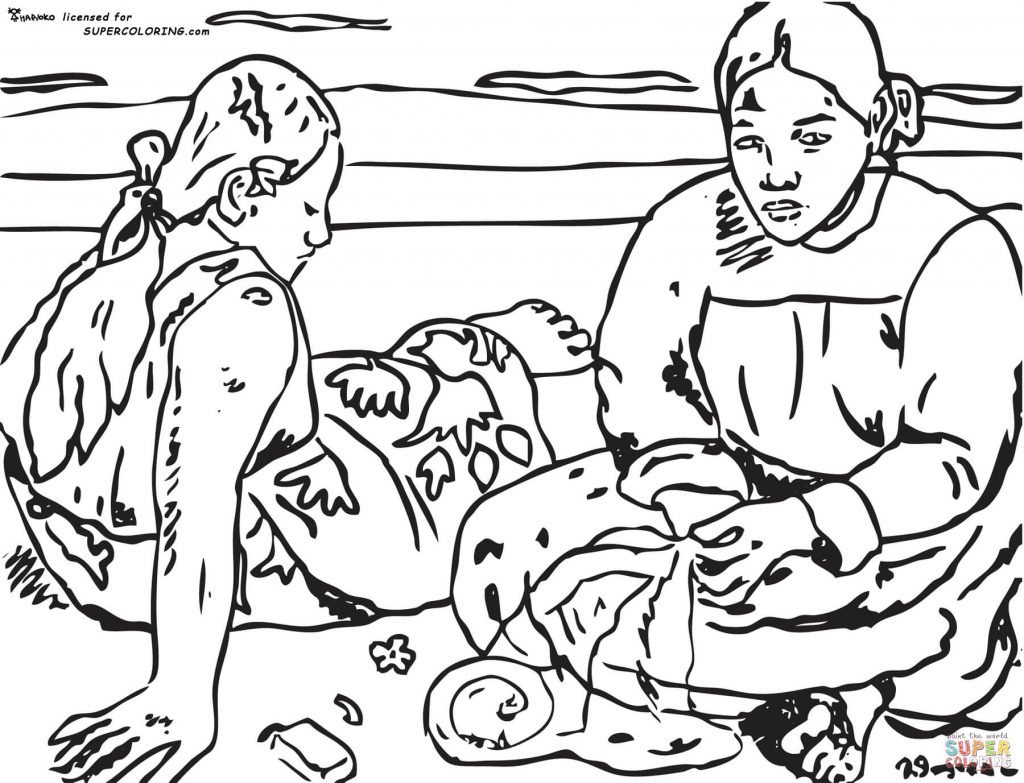 1024x783 Tahitian Women On The Beach By Paul Gauguin Painting Coloring Page