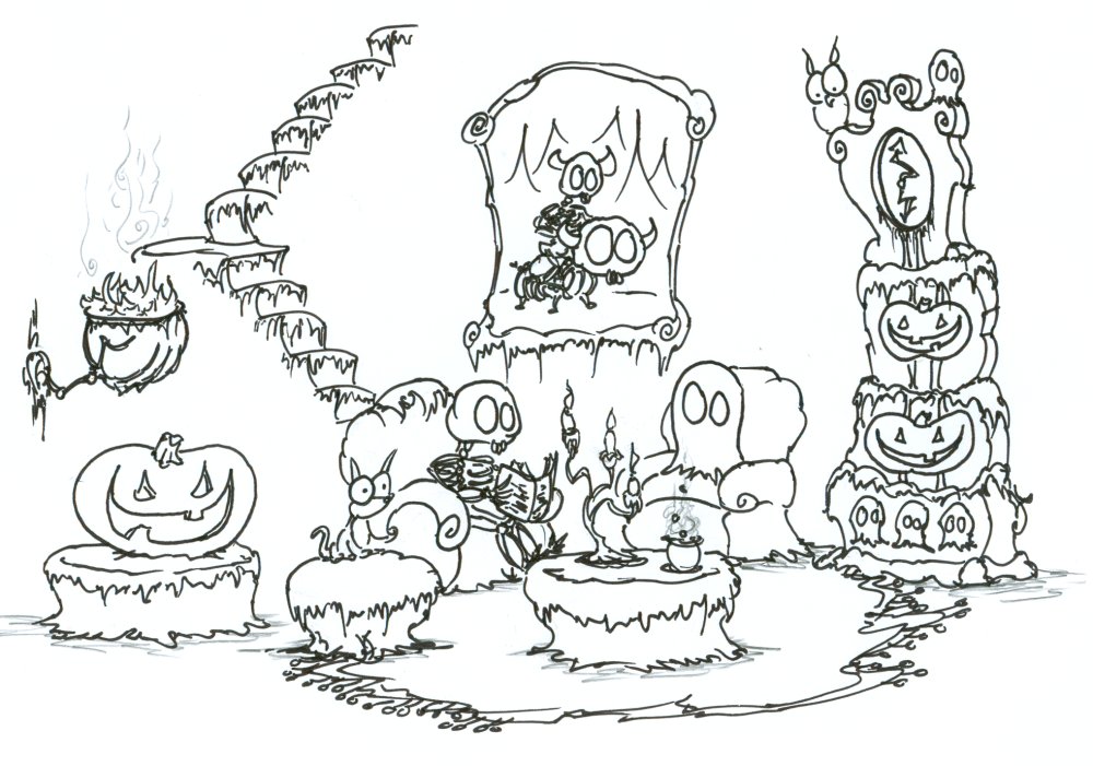 1000x701 Coloring Page A Skeleton And A Ghost Relaxing In A Haunted House