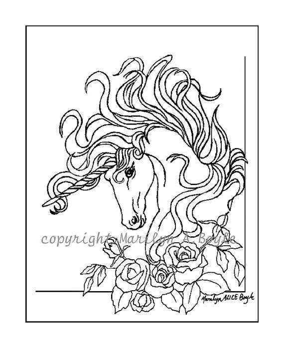 570x698 Adult Coloring Page, Digital Download, Unicorn, Roses, Garden