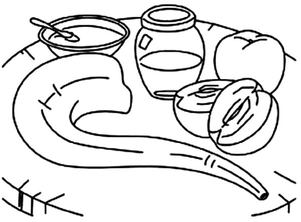 600x443 Shofar And Honey And Apple On The Table On Rosh Hashanah Coloring