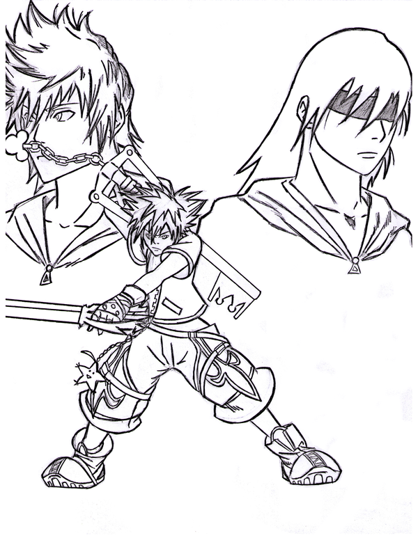 600x776 Sora Roxas And Riku Line Work By Animeguy1347
