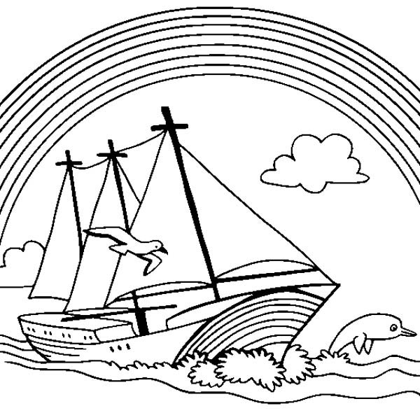 600x600 A Boat Sailing With A Lovely Rainbow In The Background Coloring