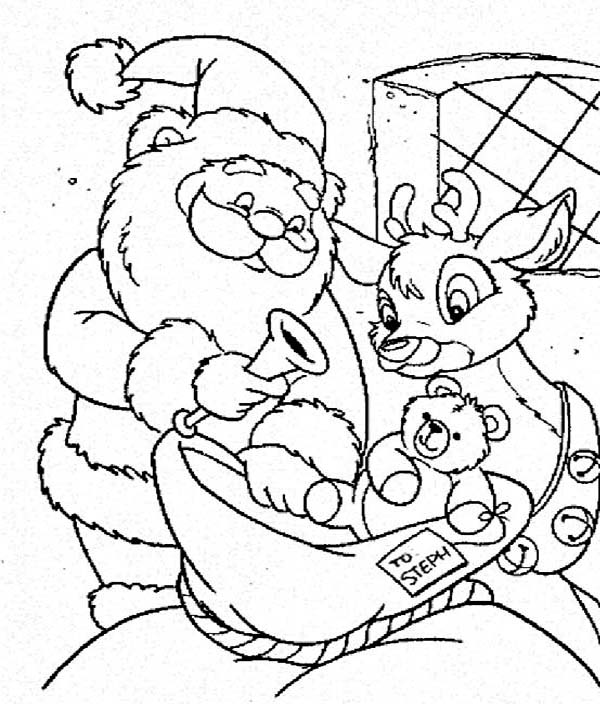 600x704 Santa Claus And Rudolph Picking Christmas Present For Kids
