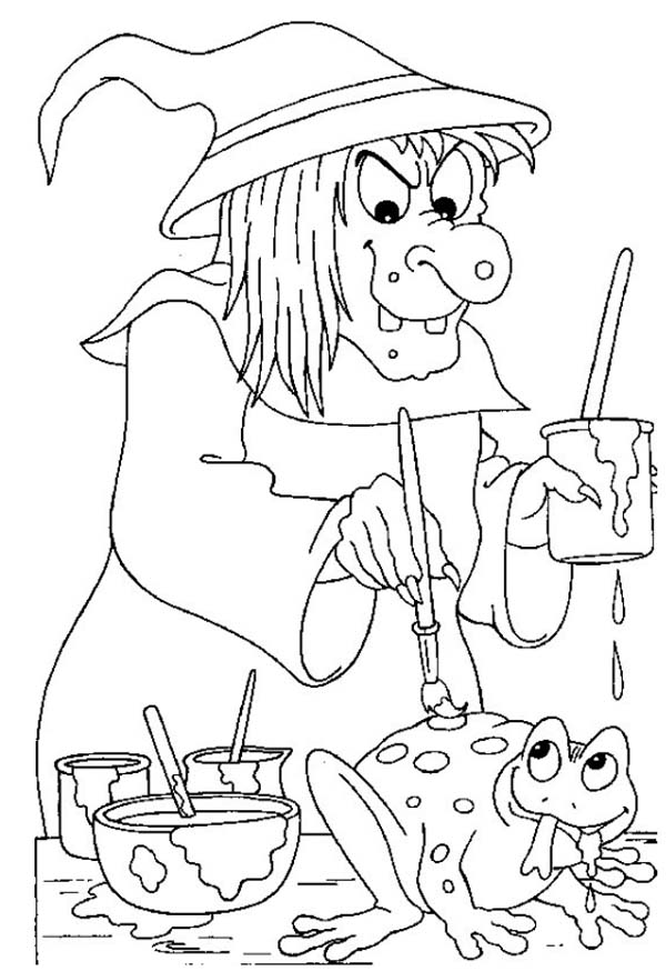600x874 Creepy Witch Painting The Frog For Halloween Day Coloring Page