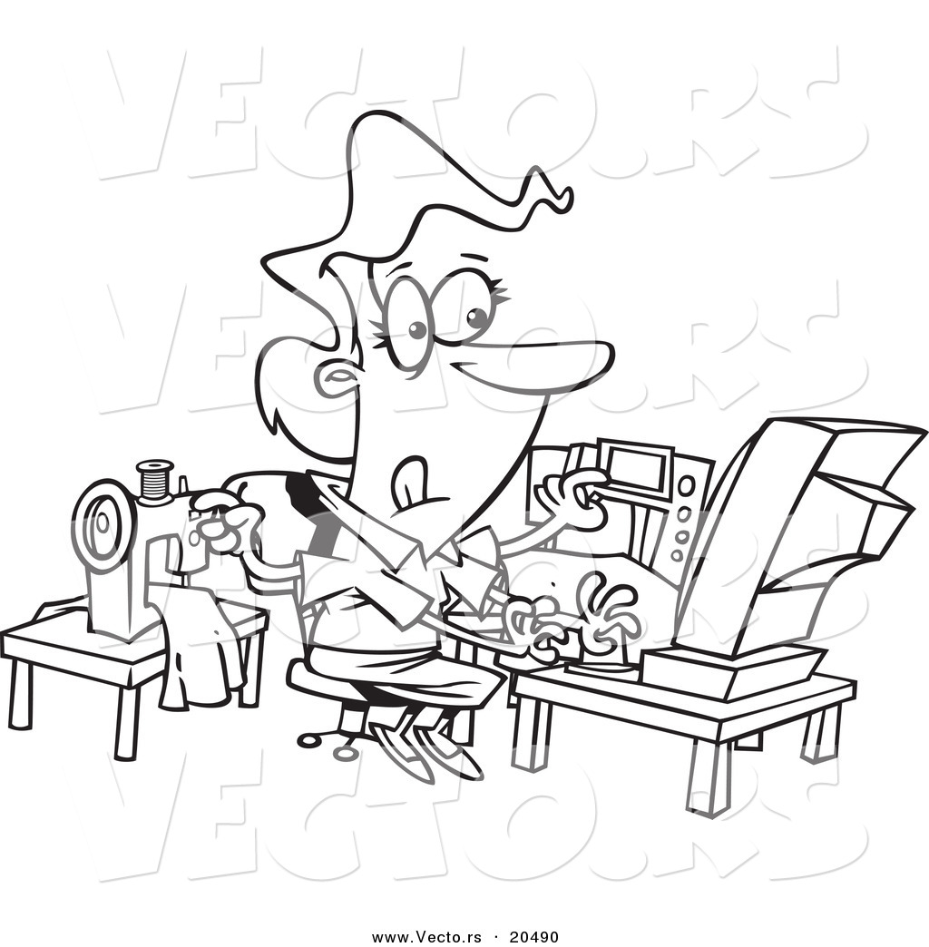 1024x1044 Vector Of A Cartoon Woman Sewing And Working