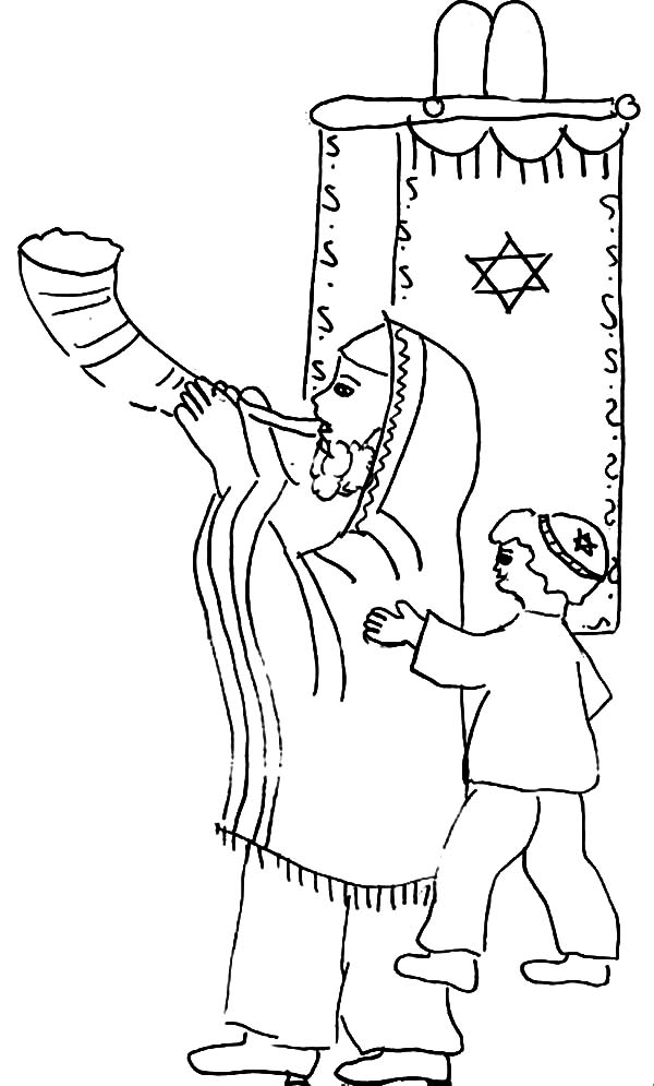 600x995 Father And Son Blow Shofar In Rosh Hashanah Coloring Page