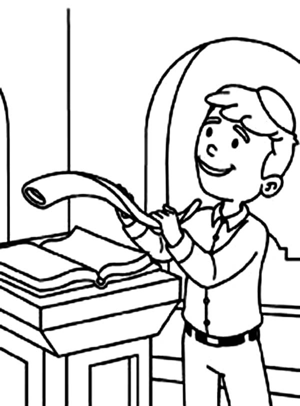 600x811 Kid Playing With Shofar In Rosh Hashanah Coloring Page
