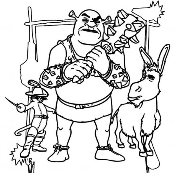 600x587 The Best Fighter Team Shrek With Donkey And Puss In Boots Coloring