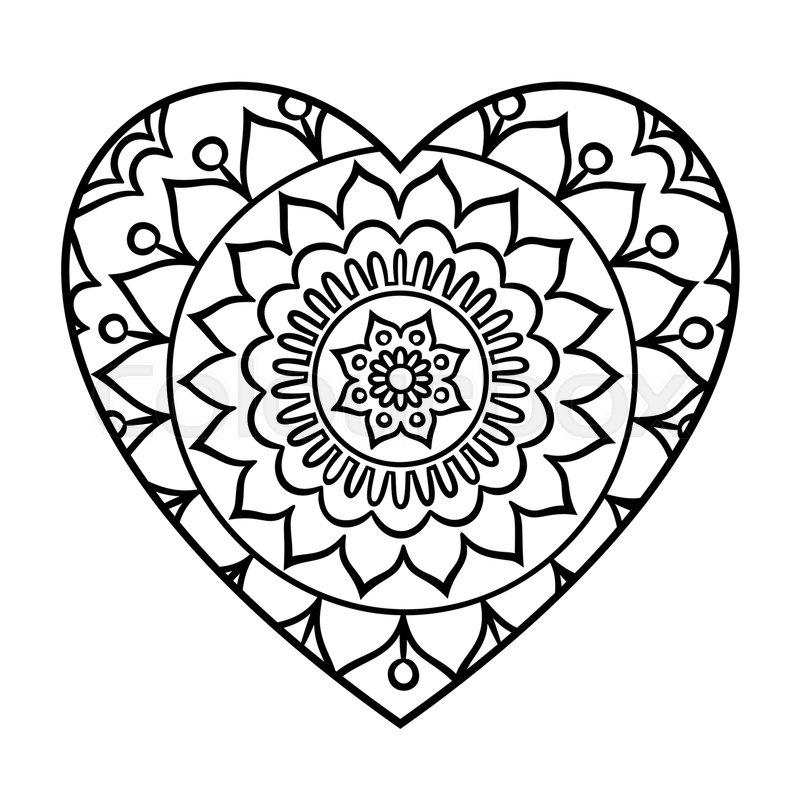 800x800 Doodle Heart Mandala Coloring Page. Outline Floral Design Element