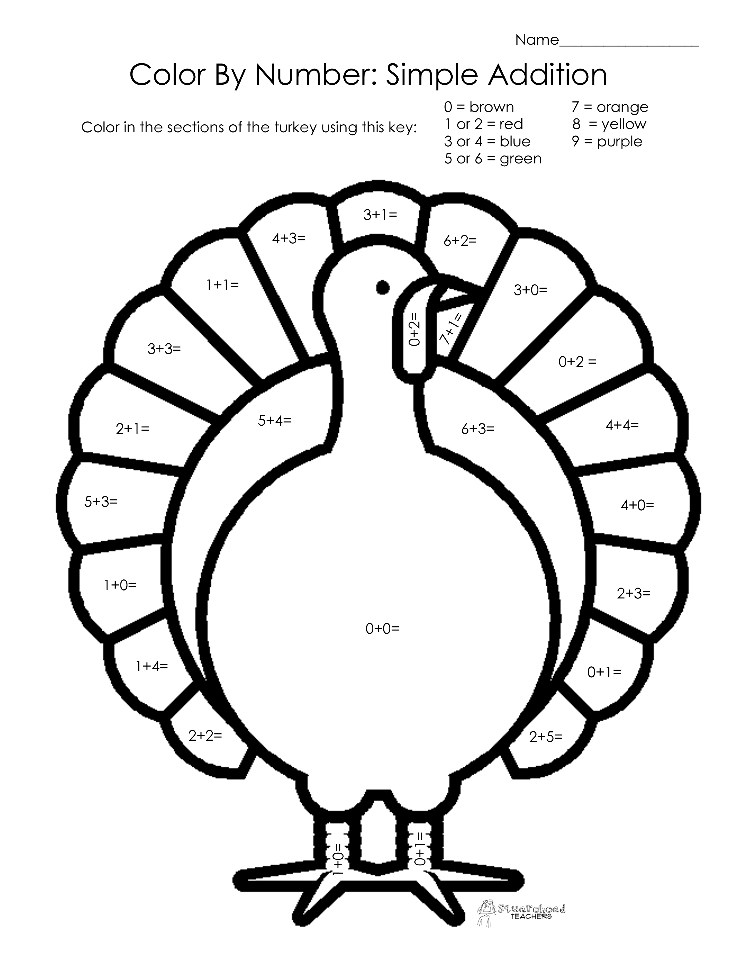 2550x3300 Thanksgiving Color By Number Simple Addition Squarehead Teachers