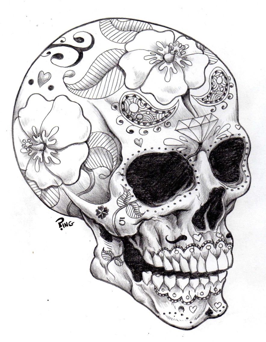 884x1136 Dotd Sketched Sugar Skull (I Specifically Like The Florals Of This