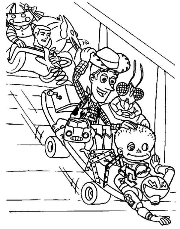 600x761 Woddy And Other Toys Playing Slide Coloring Page