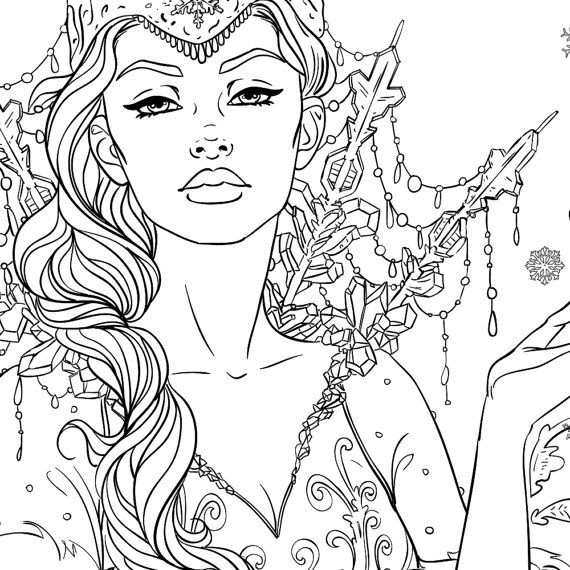 570x570 Snow Queen Adult Coloring Page Fantasy Line Art By Lineartsy