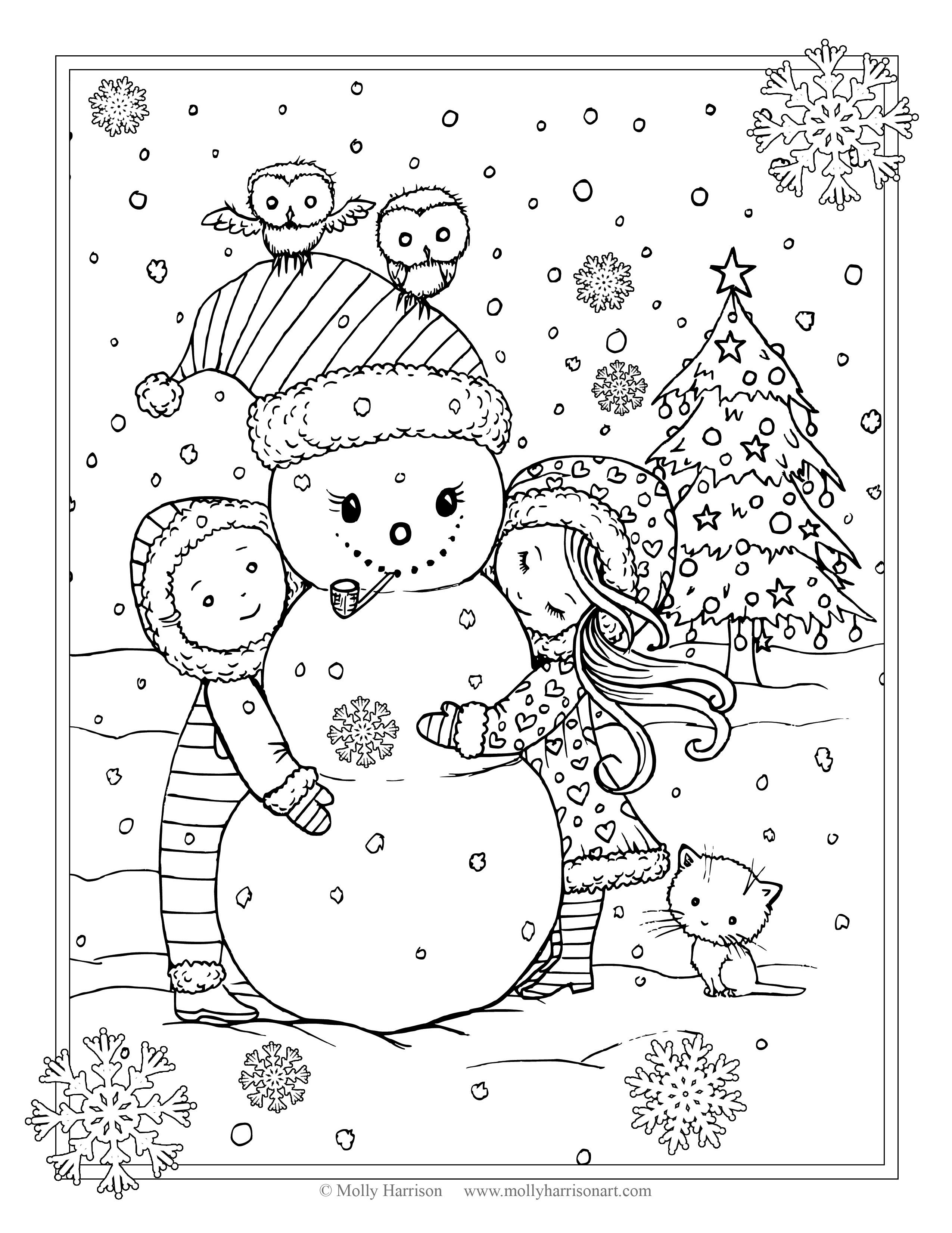 2550x3300 Free Christmas Coloring Page Cute Snowman With Children, Owls,