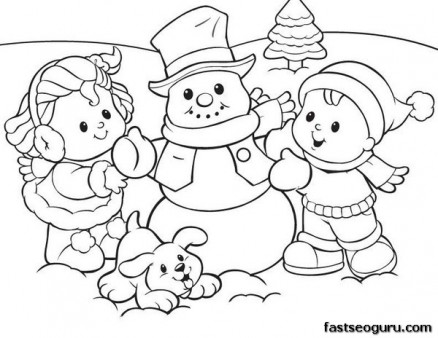 438x338 Printabel Coloring Sheet Of Christmas Kids And Snowman Printable