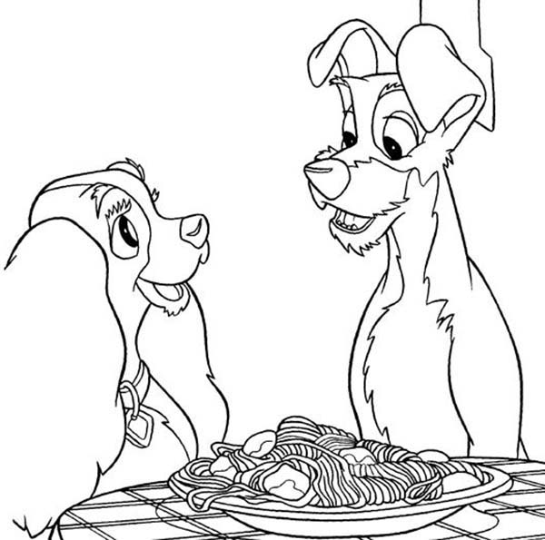 600x595 Lady And The Tramp Eating Spaghetti Coloring Page