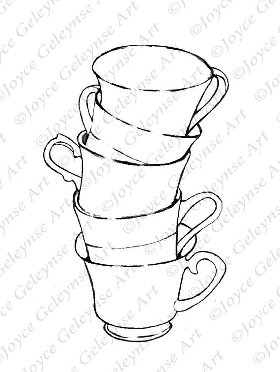 570x756 Digital Stamp Coloring Page Stack Of Teacups Freehand