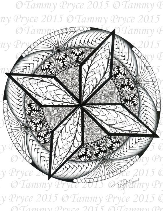 570x738 Hand Drawn Star Mandala Adult Coloring Page Digi Stamp Instant