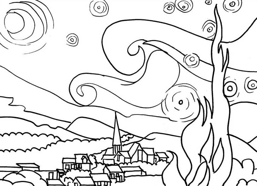 827x600 Van Gogh The Starry Night In Famous Paintings Coloring Page