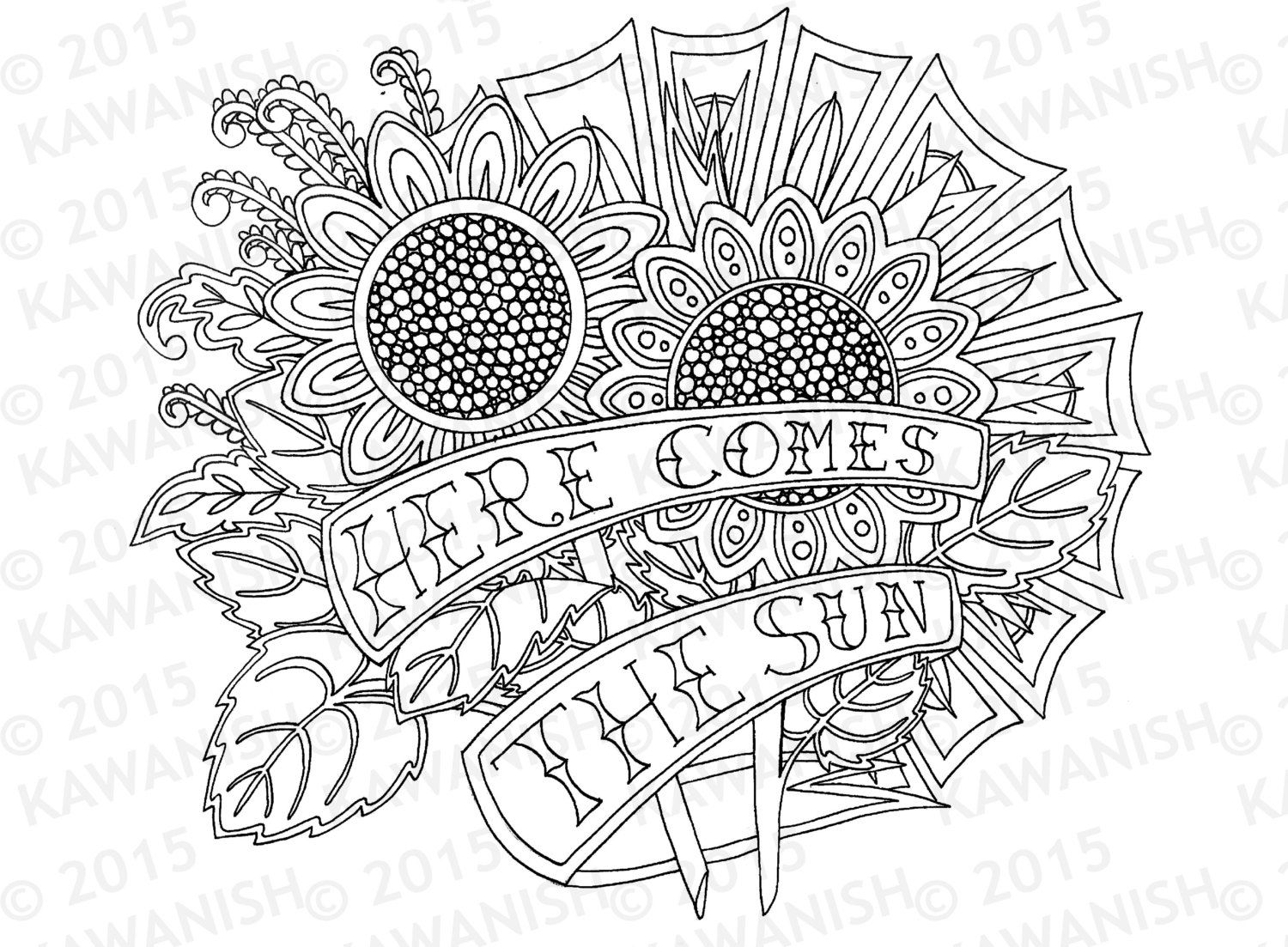 1500x1103 Here Comes The Sun Sunflowers Adult Coloring Page Gift By Kawanish