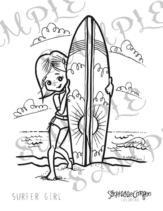 570x737 Surfer Girl Coloring Page Instant Digital Download