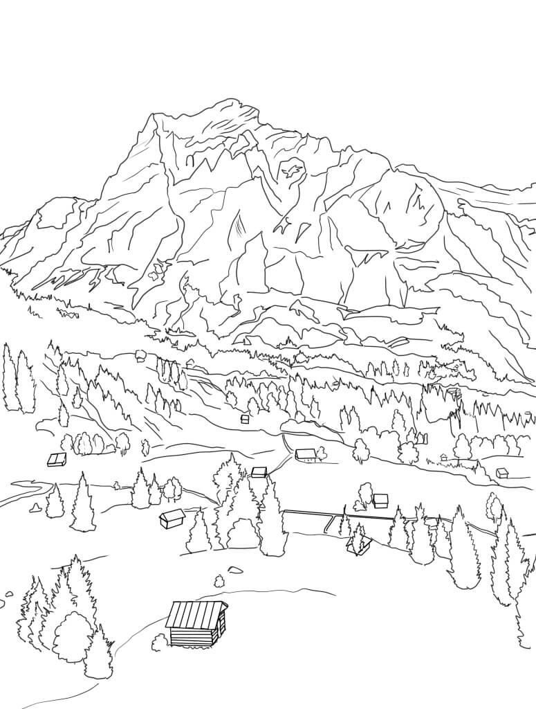775x1024 Swiss Alps Free Coloring Page