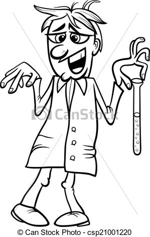 299x470 Crazy Scientist Cartoon Coloring Page. Black And White Vector
