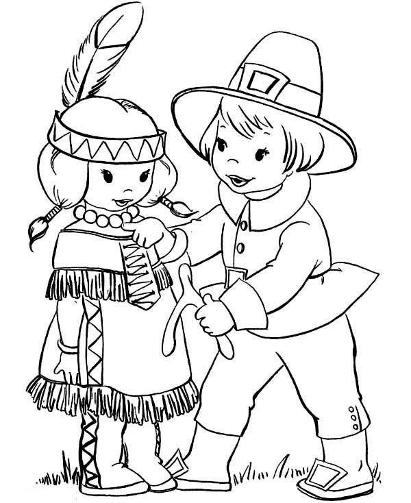 600x734 Pilgrim Boy Giving Thanksgiving Day Wishbone To Little Indian Girl