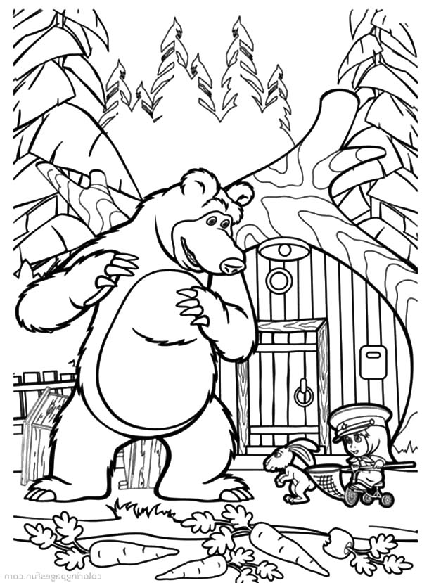 600x829 Masha The Bear Catching Carrot Thief Coloring Pages Masha