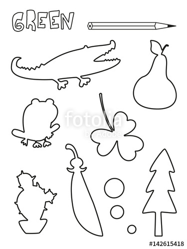375x500 Coloring Page, Green Things Set. Single Color Worksheets Peas