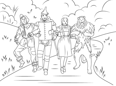 480x358 Scarecrow, Tin Man, Dorothy And Cowardly Lion Coloring Page
