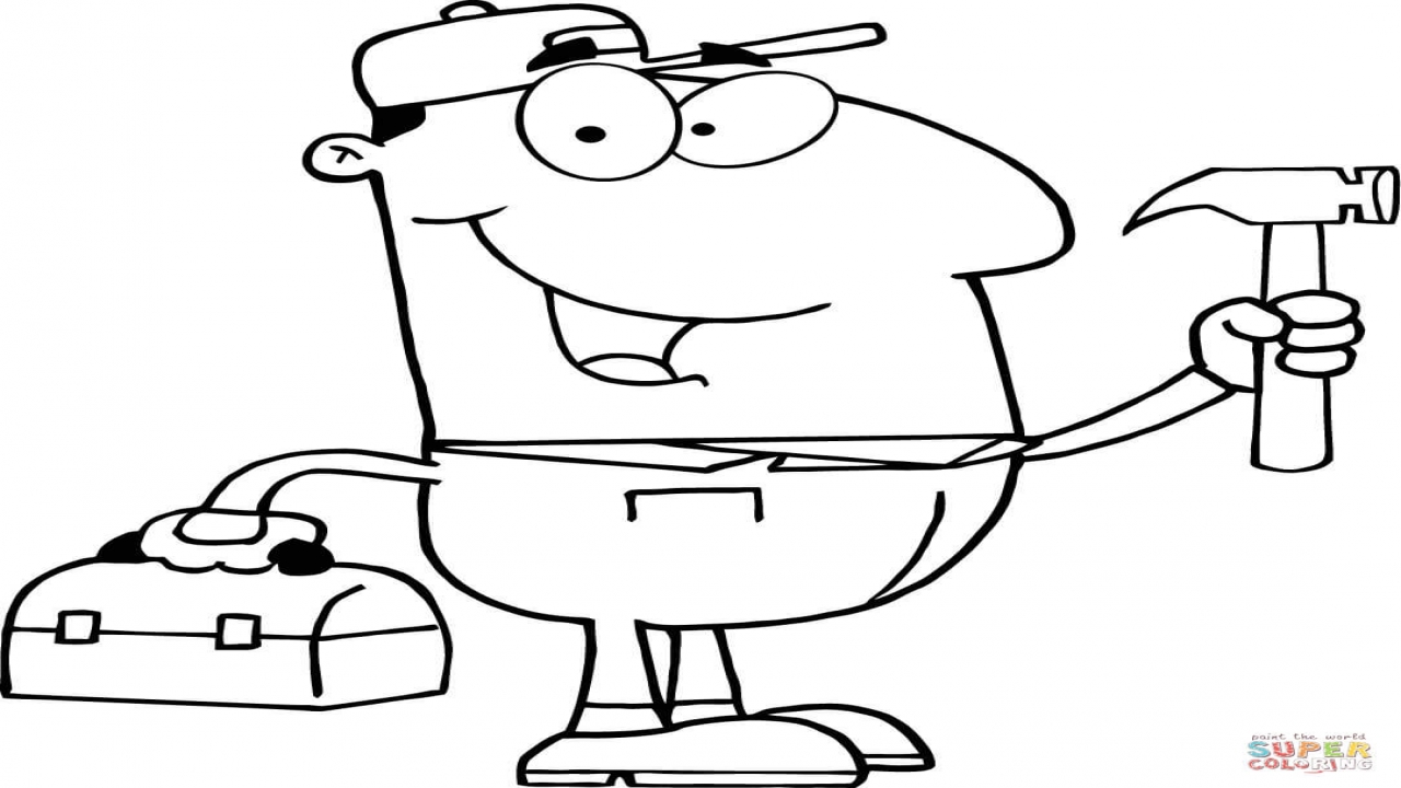 1280x720 Hammer Coloring Construction Worker With And Tool Box Page