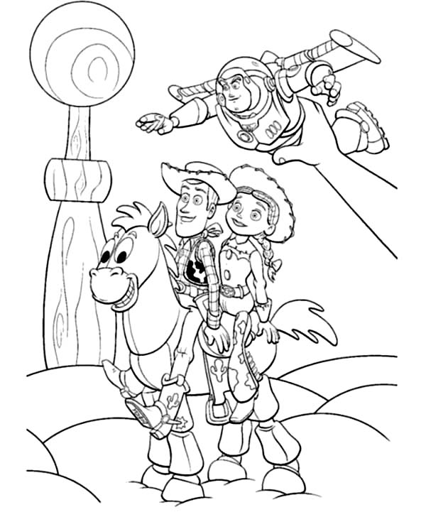 600x728 Woody Jessie Buzz And Bullseye Toy Story 2 Played By Andy Coloring