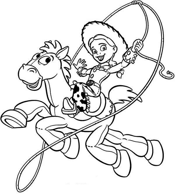 600x668 Jessie Riding Bullseye In Toy Story Coloring Page