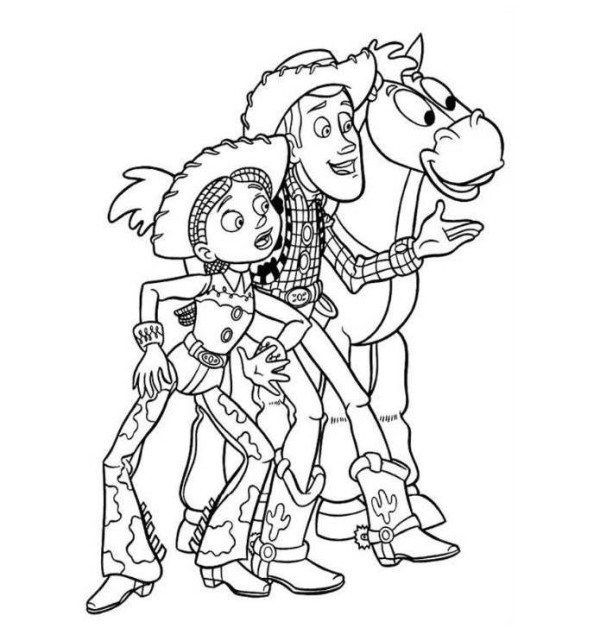 600x634 Woody Jessie Bullseye Toy Story 2 Coloring Page