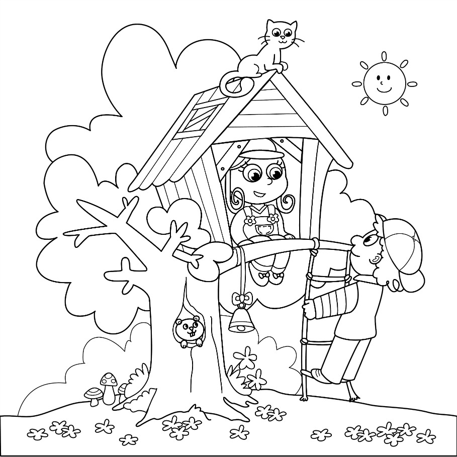 909x909 Tree House Coloring Pages Summer Fun