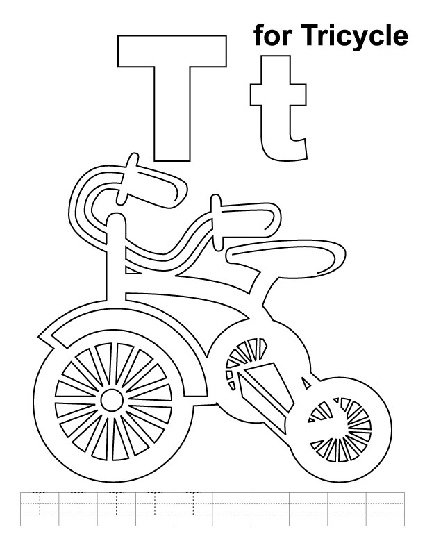 612x792 T For Tricycle Coloring Page With Handwriting Practice Download